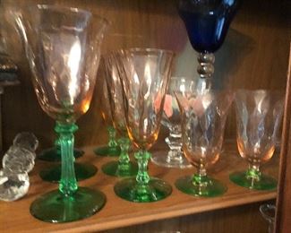Watermelon pink and green Depression glass stemware by Tiffin.