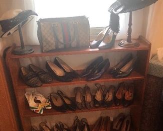 Designer shoes including Fendi, Ferragamo, Gucci, and more. Vintage hats. Gucci purse.