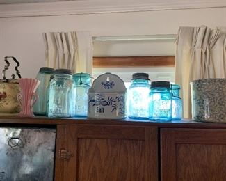 Glass canning jars, enamel hanging salt, crock