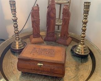Brass candlesticks, jewelry box