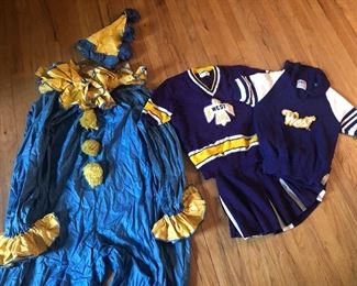 Vintage clown costume and cheerleader sweaters for Halloween