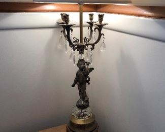 Pair cherub lamps with glass prisms