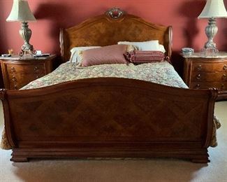 Thomasville king size bed with 2 marble-top night stands 