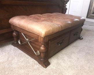 Golf themed Leather tufted top with carved wood base and 2-drawer front.  $300