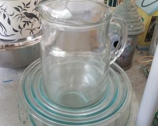 mixing bowls, pitcher, lots of glassware, knick knacks and bric-a-brac