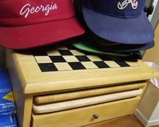 Variety of hats and visors, wood multi-game set