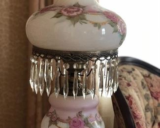 Victorian floral hurricane lamp with prisms (pair available)
