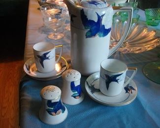 Beautiful "bluebird" set - Nippon.  There are 4 little saucers and only two cups.  One of the cups has been repaired.  It is still so beautiful!