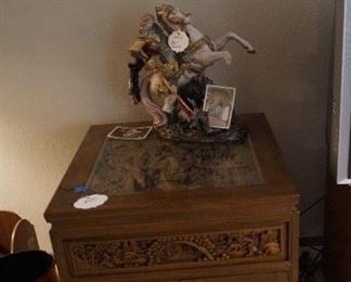 carved wood with glass top side table
