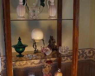 glass shelf open display cabinet, vases, candy dishes, decor