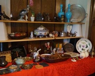 Italian glass, bird figurines, wood dough bowl