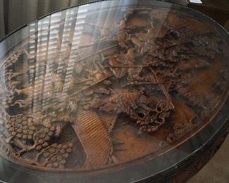 glass top carved coffee table with 6 foot stools