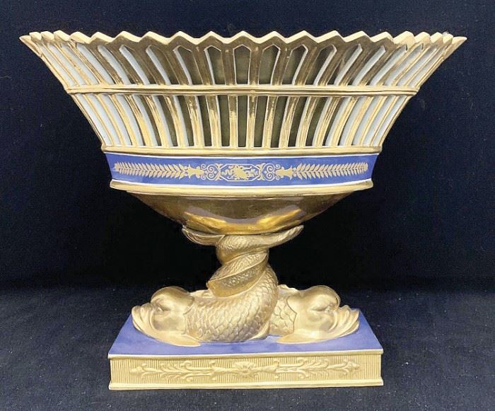 A small sampling of items in our exciting Estate Antiques Auction, August 16th, starting at 3PM!  |  Lot 206:  An old Paris Porcelain corbeille, 19th C. Cobalt and gilt painted navette-form with a pierced basket top with liner, raised on a twisted dolphin-form shaft and plinth base. Marked for P.L. Dagoty on base. 12-1/4 in tall x 16-1/2 in wide x 8-3/4 in deep. Provenance: from the Ardrossan property, Villanova PA.