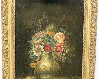 A small sampling of items in our exciting Estate Antiques Auction, August 16th, starting at 3PM!  |  Lot 101: A 16th/17th C. Flemish oil on panel still life in the style of Brueghel/Breughel. Featuring a vase holding colorful flowers, butterfly, and grasshopper. Appears to be signed lower right "Ivan Bruofell Fiel"? Dated. In a gilt frame. 21 in x 14 in. Provenance: from the estate of William O'Malley of the Ardrossan Estate, Villanova PA.