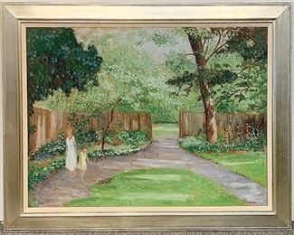 A small sampling of items in our exciting Estate Antiques Auction, August 16th, starting at 3PM!  | Lot 21:  Donald Vogel (Texas, 1917-2004). An oil on panel depicting a mother and child walking on a garden path. Signed lower right "D. Vogel". Also signed on back. 30 in x 40 in.