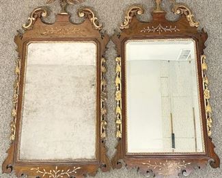 A small sampling of items in our exciting Estate Antiques Auction, August 16th, starting at 3PM!  | Lot 204: A pair of Georgian parcel gilt and mahogany mirrors with eagle crested finials, over carved and gilt adorned ears, the mirrors flanked by floral gilt drops and with etched and gilt design on top and bottom. Eagles slightly different. 52 in tall x 25 in wide. Provenance: From Ardrossan property, Villanova PA. Notations on back as given from Wheeler family to Montgomery Scott family.