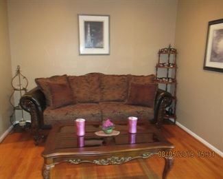 $750.00 pre-sale, upholstered sofa, leather with wood trim, 