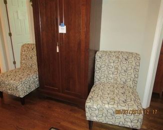 A PAIR OF BEAUTIFULLY UPHOLSTERED SLIPPER CHAIRS,  ARMOIRE NOT FOR SALE