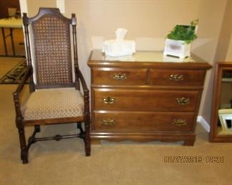 DRESSER WITH MIRROR HIGH BACKED CANED CHAIR