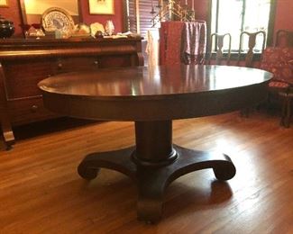 Antique Empire style pedestal dining table 54” diameter