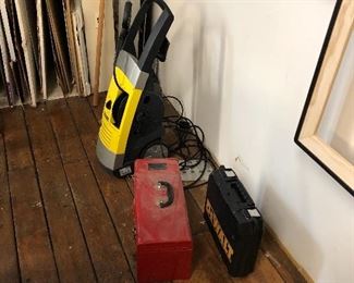 Tool Box with Tools, Drill, Retractable Cord Caddy