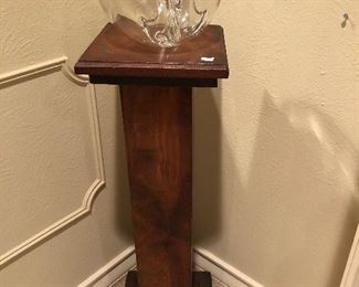Oak pedestal and Rosenthal blown glass rose bowl