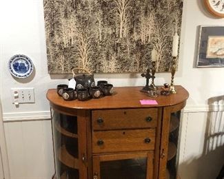 Antique oak curved console cabinet