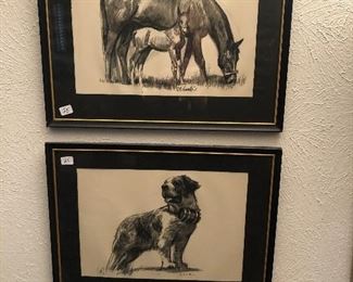 Cool vintage framed charcoal drawings