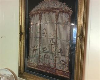 Exceptional LARGE framed needlepoint Birdcage with lots of detail.