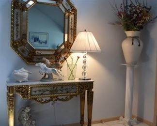 Foyer Marble TopTable Matching Mirror, Porcelain Horses, Shell Tourine Lamp