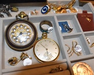 Omega Gold Pocket Watch, Hercules, Omega Gold Wrist Watches, Half Dollars, Gold Bracelet, Charms  Necklaces