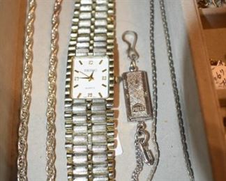 Seiko Watch with 18K Gold Hands, Sterling Necklaces, Vintage watch fob with picture holder