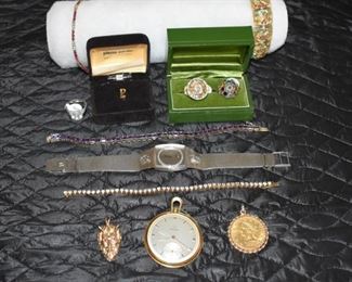 Omega Gold Wrist Watch with Diamonds, Ruby Diamond Bracelet, Gold Charms & MI Nat Pins, 10$ Gold Piece, Diamond Tie Tack Jeweled Gold Ring, Amethyst Bracelet, Initial Gold Ring