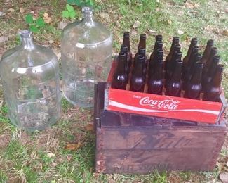 5 gallon glass carboy and Blatz Milwaukee wood crate 