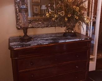 1840's French walnut and marble three drawer chest----