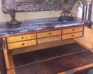 chest opens to feature a writing surface--notice the beautiful inlaid wood--simply GORGEOUS