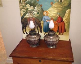 Chest; lamps; oil painting
