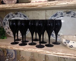 Black transferware and stemware