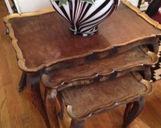 Gilded stacked tray tables; zebra striped accent bowl