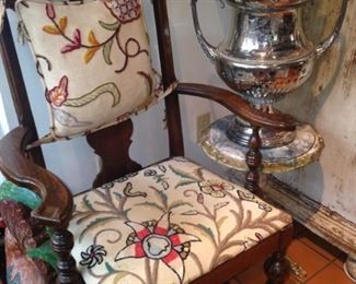 Side chair with matching embroidered cushions; large silver plate trophy