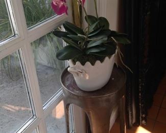 Artificial orchid; metal plant stand