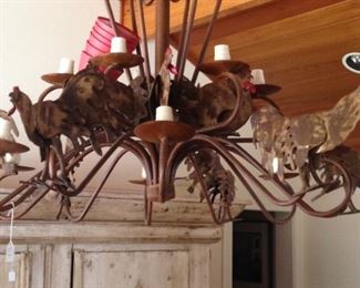 Rooster chandelier (red stacked shades to the left)
