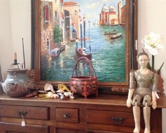 Antique buffet; large Italian scene framed art; Santos (mannequin)