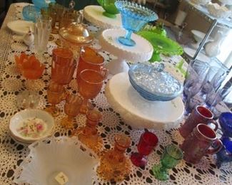 Beautiful Milk Glass Cake plates, Westmoreland and Imperial and colored glass items.  