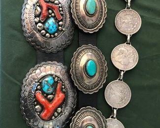 Amazing collection of Concho Belts with branch coral, turquoise, and Morgan dollars.