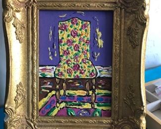 Acrylic on board chair still life by S. Chenowith.