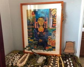 Hortensia Buena watercolor on paper and Hawaiian necklaces.