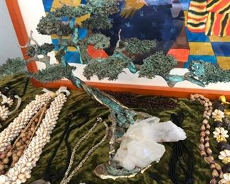 Sculptural copper and bronze bonzai tree with quartz mineral base.