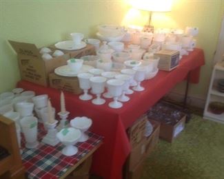 Milk glass galore!!!  Vases, candy dishes, plates, luncheon sets, platters, goblets, candle sticks etc