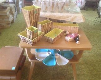 Collectible pottery with a vintage serving tray in turquoise and white.  Sitting on 50's end table.....table is now sold.